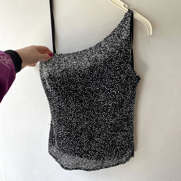 VTG Scala Beaded Silk One Shoulder Asymmetrical Top Black Silver M - Picture 14 of 16